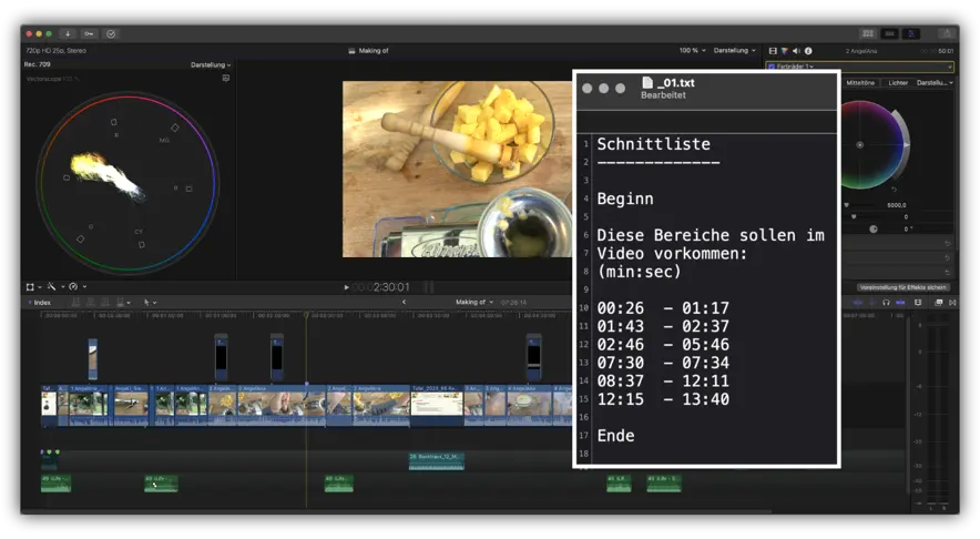 Bild zeigt eine Schnittliste mit einem Videoschnittprogramm im Hintergrund